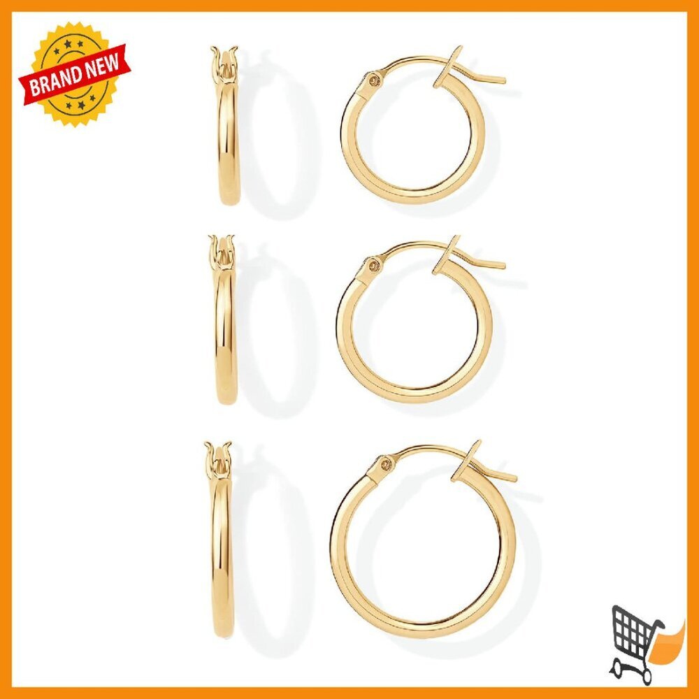 18k Gold Plated Sterling Silver Huggie Hoop Earrings Set - 3 Pairs